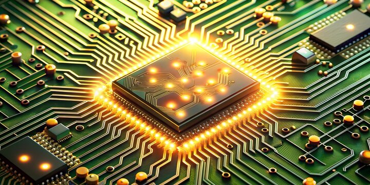 Close-Up einer Elektronikplatine mit Chip und Leiterbahnen - Elektronik f&uuml;r Signale und Steuerung von Abl&auml;ufen - Computer und Programmierung - Software Entwicklung