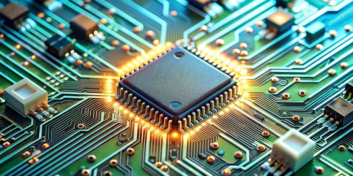 Close-Up einer Elektronikplatine mit Chip und Leiterbahnen - Elektronik f&uuml;r Signale und Steuerung von Abl&auml;ufen - Computer und Programmierung - Software Entwicklung
