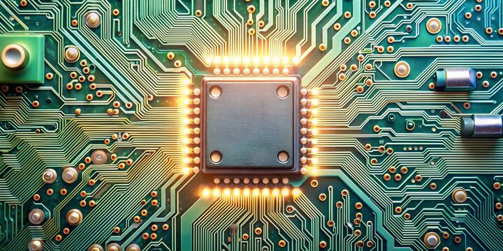 Close-Up einer Elektronikplatine mit Chip und Leiterbahnen - Elektronik f&uuml;r Signale und Steuerung von Abl&auml;ufen - Computer und Programmierung - Software Entwicklung