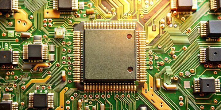 Close-Up einer Elektronikplatine mit Chip und Leiterbahnen - Elektronik f&uuml;r Signale und Steuerung von Abl&auml;ufen - Computer und Programmierung - Software Entwicklung