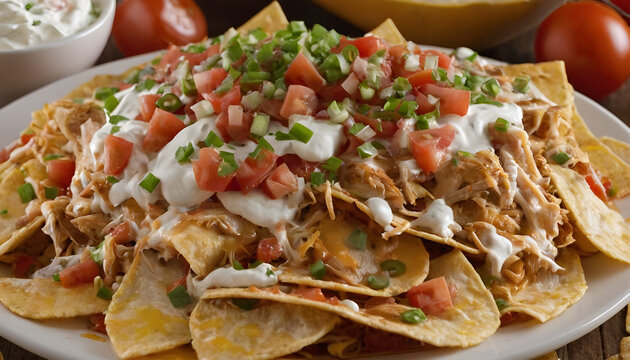 chicken nachos with diced tomatoes, chives, salsa, sour cream, and cheese.