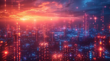 Fototapeta premium Neon Cityscape: Futuristic Skyscraper with Holographic Windows and High-Tech Design Illuminated by Blue Neon Lighting