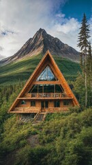 A modern triangular-shaped forest cabin in Alaska, visualized from a real source.