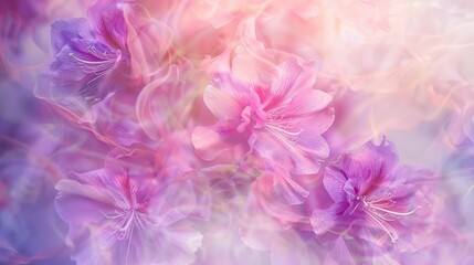Fototapeta premium Blurry Purple Pink Flower Decor Airy Soft Ikat Patchwork Pastel Flower Wallpaper with Bohemian Vibe