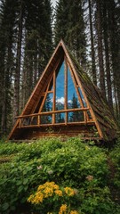 A modern triangular-shaped forest cabin in Alaska, visualized from a real source.