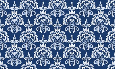 Hand draw Ethnic geometric fabric pattern .Ikat embroidery Ethnic oriental Pixel patternvector illustration.blue background.great for background ,curtain, carpet, wallpaper, clothing, wrapping,batik