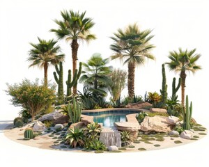 Fototapeta premium Explore a serene desert oasis garden with lush date palms and a tranquil pool, creating a peaceful retreat in the arid landscape