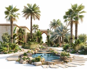 Fototapeta premium Explore a serene desert oasis garden with lush date palms and a tranquil pool, creating a peaceful retreat in the arid landscape
