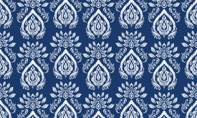Hand draw Ethnic geometric fabric pattern .Ikat embroidery Ethnic oriental Pixel patternvector illustration.blue background.great for background ,curtain, carpet, wallpaper, clothing, wrapping,batik