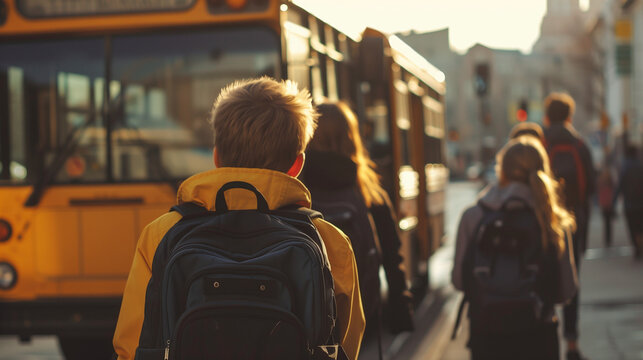 young school student wearing a black backpack is walking, the bus background is a bit blurry, Ai generated Images
