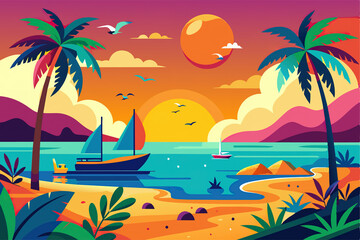 Cartoon summer beach vacation, Tropical Palm tree, ocean or sea seashore Paradise nature background illustration Ganaretive AI