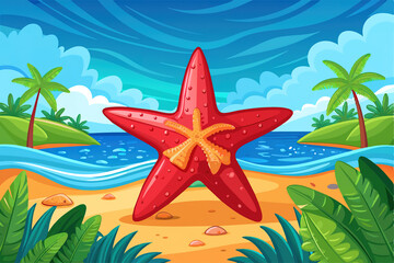Fototapeta na wymiar Cartoon summer beach vacation, Tropical Palm tree, ocean or sea seashore Paradise nature background illustration Ganaretive AI