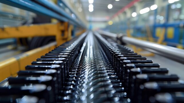 Closeup of black bristles on a steel drum roller brush, used for cleaning metal sheets in a production line at a factory. in the style of an automated process on the production line. Generative AI.