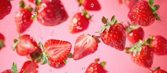 Strawberries Arranged with Vibrant Background, Sliced and Floating in the Air