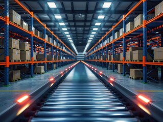 Obraz premium Futuristic Warehouse Automation with Vibrant Conveyor System, Industrial Aesthetics, and High Detail