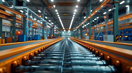 Fototapeta premium Futuristic Automated Package Sorting System in High-Tech Warehouse with Vibrant Colors and Detailed Machinery