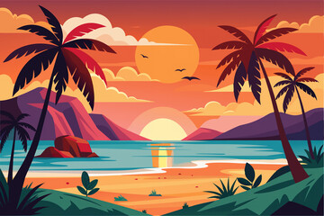 Fototapeta premium Cartoon summer beach vacation, Tropical Palm tree, ocean or sea seashore Paradise nature background illustration Ganaretive AI