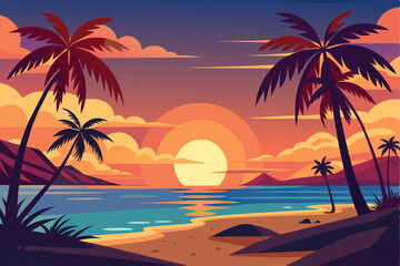 Cartoon summer beach vacation, Tropical Palm tree, ocean or sea seashore Paradise nature background illustration Ganaretive AI