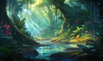Naklejka premium Sunbeams Through a Lush Jungle