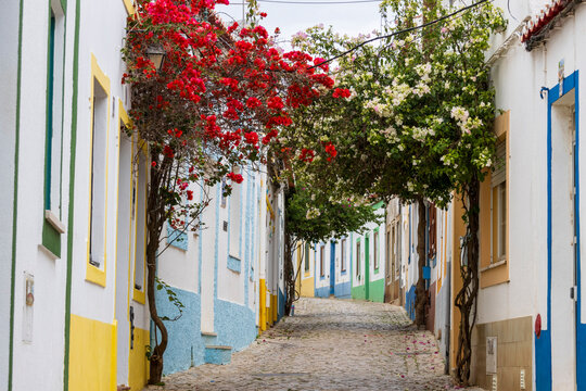 Ferragudo, Portugal. 04-20-2024.   Colorfull house with flowers at Ferragudo, Algarve, Portugal.