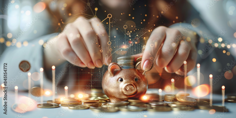 Aufkleber A hand woman picking up coins and dropping them into a piggy bank, with coins scattered on the background and digital images of increasing financial symbols floating on a graph. Generative AI.