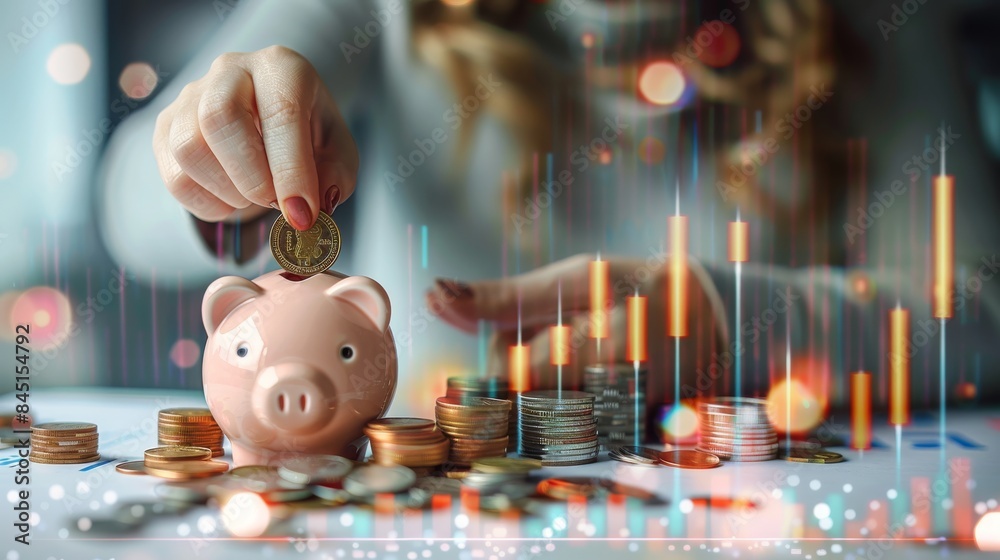 Aufkleber A hand woman picking up coins and dropping them into a piggy bank, with coins scattered on the background and digital images of increasing financial symbols floating on a graph. Generative AI.