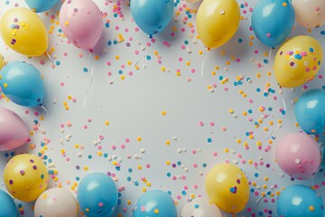 Festive Birthday Balloons with Confetti. Colorful birthday celebration background with balloons and vibrant confetti on a white backdrop.
