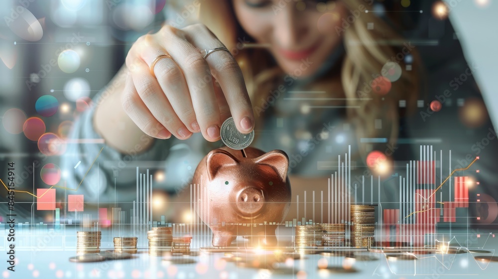 Aufkleber A hand woman picking up coins and dropping them into a piggy bank, with coins scattered on the background and digital images of increasing financial symbols floating on a graph. Generative AI.