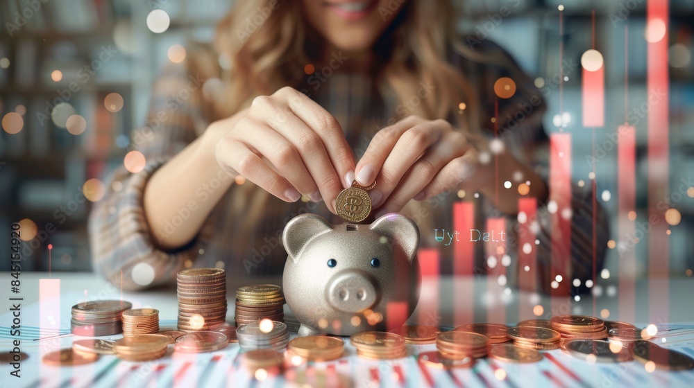 Aufkleber A hand woman picking up coins and dropping them into a piggy bank, with coins scattered on the background and digital images of increasing financial symbols floating on a graph. Generative AI.