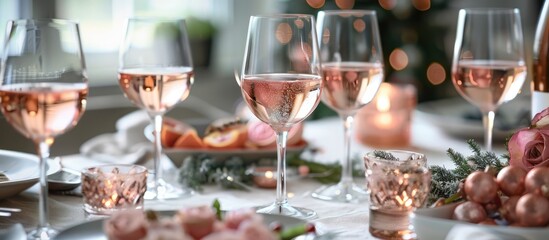 Rose wine glasses spotted at a festive gathering.