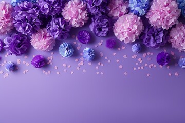 Obraz premium Festive Purple Frame with Holiday Ornaments. A luxurious purple background framed with glittering holiday ornaments and stars, ideal for festive season greetings and decorations. 