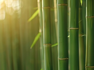 A bamboo forest illuminated by the warm, golden light of sunset, with tall green stalks creating a tranquil and atmospheric scene, perfect for capturing the beauty of nature at dusk.