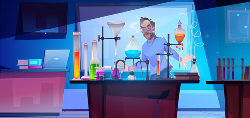 Evil scientist working in laboratory. Vector cartoon illustration of mad scientist making chemical experiment, colorful liquid in glass tubes, flasks and bottles on rack, producing toxic substance