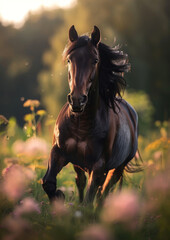 Majestic horse running through a sunlit field with flowers, capturing the essence of freedom and natural beauty. Ideal for nature or animal-themed projects.