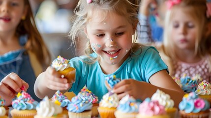 Fototapeta premium Children s Birthday Party Celebrating with Decorated Cupcakes