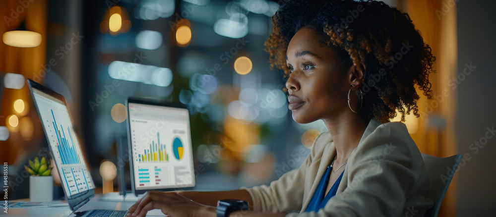 Poster a black female office worker working on a laptop at a desk in a modern office, looking at graphs and
