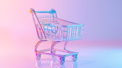 Shopping cart in glass effect on pastel background. shopping online concept.