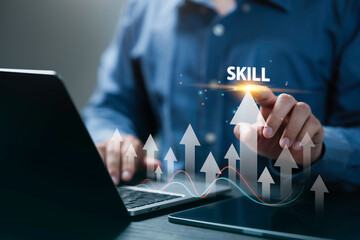 Up skill and personal development concept. employee pointing arrow to upskill or reskill, kill...