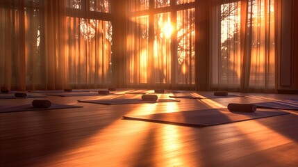 yoga room with yoga mats in the evening