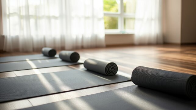 yoga room with yoga mats in the morning