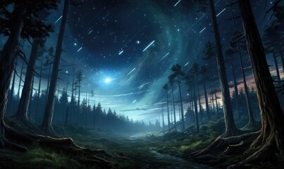 Obraz premium Nighttime Forest with a Celestial Display
