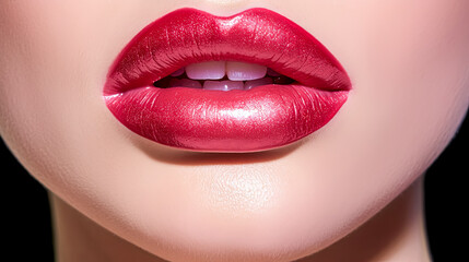 A woman's lips are painted red with glitter.