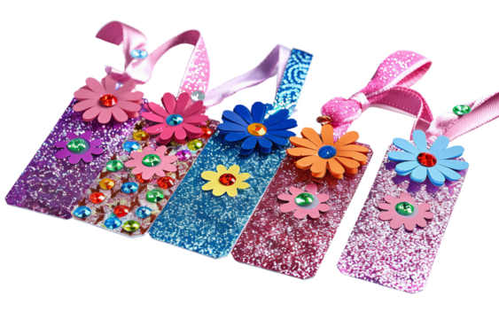 Colorful decorative bookmarks with floral embellishments and ribbons perfect for crafts and gifts, isolated on a white background.