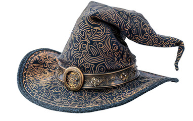 Ornate wizard hat with intricate patterns and a gold buckle, perfect for fantasy-themed costumes,...