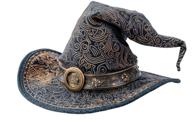 Ornate wizard hat with intricate patterns and a gold buckle, perfect for fantasy-themed costumes, cosplay, or magic-themed events.