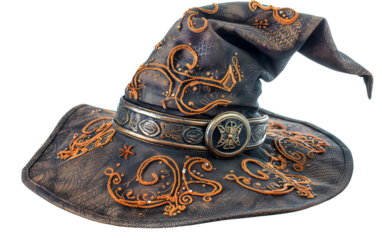 A detailed, ornate wizard hat adorned with intricate golden patterns and a decorative band, perfect for fantasy and magical themes.