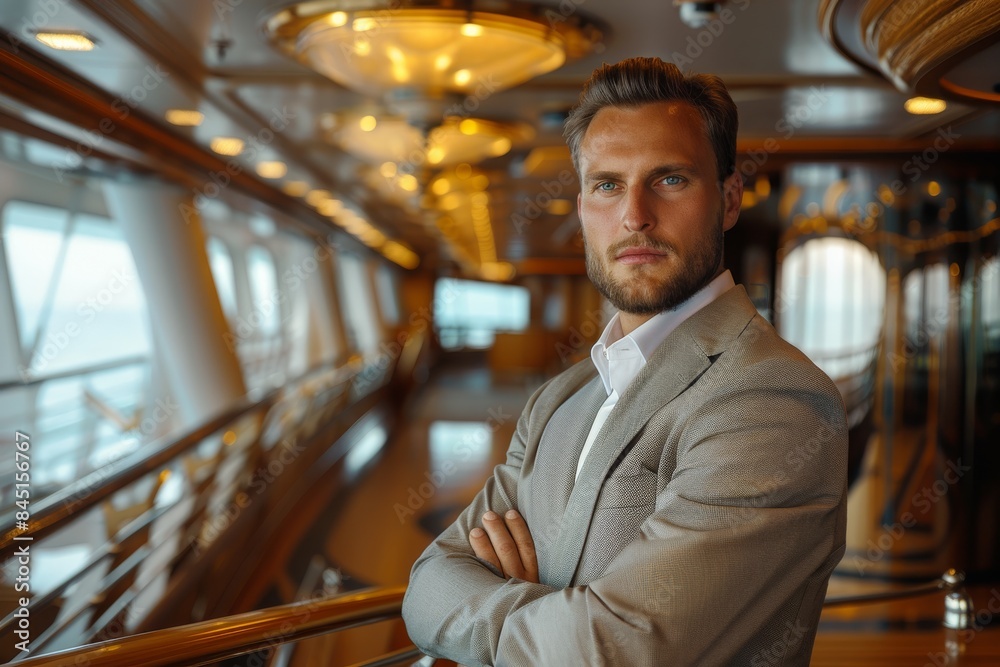 Poster a portrait of smart man on main floor of luxury liner. generative ai.