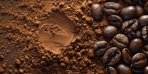 Closeup banner of instant coffee powder texture top view in brown color. Concept Coffee textures, Instant coffee, Close-up photography, Brown shades, Overhead banner