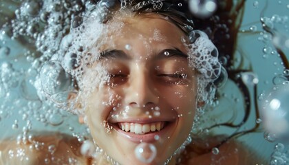 "Pure Happiness: Broad Smile in Clear, Bubbly Water" Generative AI