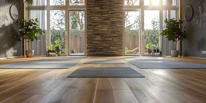 Modern yoga studio with neatly arranged mats pristine floors and natural light. Concept Yoga Studio, Neat Arrangement, Pristine Floors, Natural Light, Modern Design